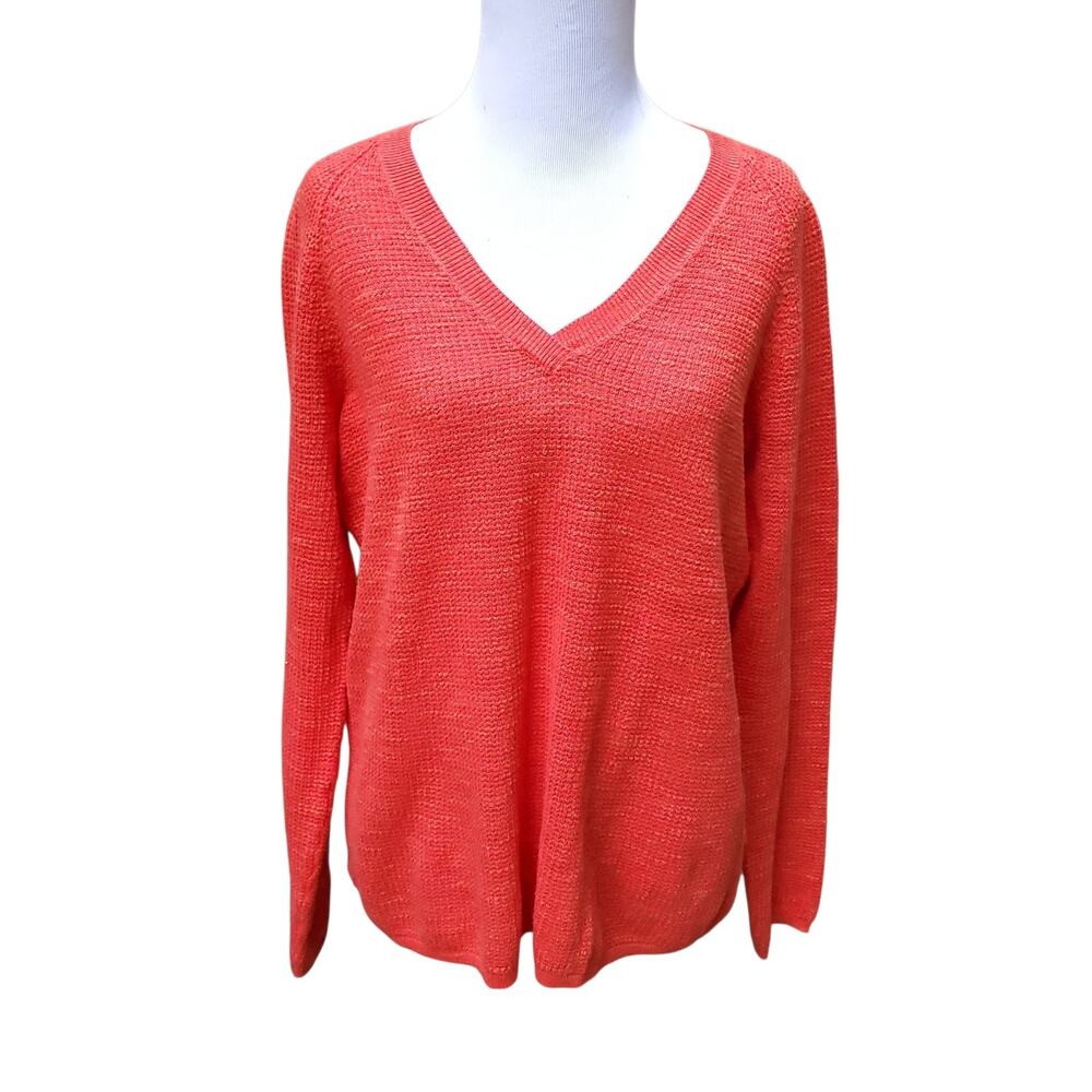 Eileen Fisher Coral Orange Pink Waffle Knit V-neck Top Minimalist Linen? Sz S